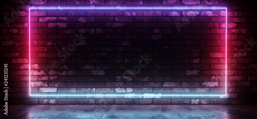 Club Neon Sci Fi Retro Futuristic Glowing Rectangle Frame Shaped Gradient Glowing Pink Purple Blue Light On Grunge Brick Wall Concrete Reflective Floor Dark Room 3D Rendering
