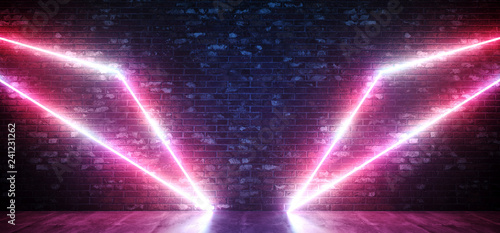 Sci Fi Neon Wing Abstract Shaped Glowing Pink Purple Triangle Lights On Grunge Brick Wall And Reflective Concrete Floor Background Club Laser 3D Rendering