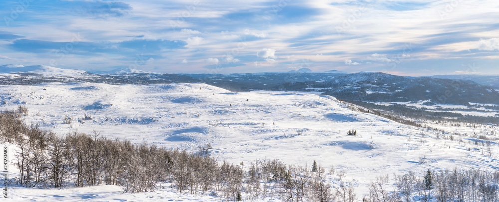 Wide panoramic view of winter landscape in Beitostolen. Winter in Norway Wide panoramic view of winter landscape in Beitostolen. Winter in Norway