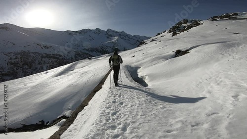 Man trekking in the snow, italian Alps. Gran Paradiso National Park, Italy