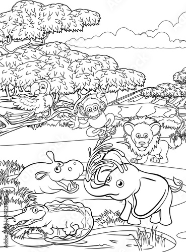 A safari cartoon cute animal background African savannah landscape coloring outline scene.