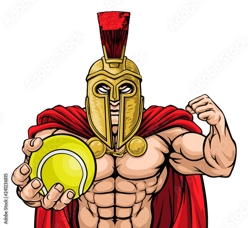 A Spartan or Trojan warrior Tennis sports mascot holding a ball
