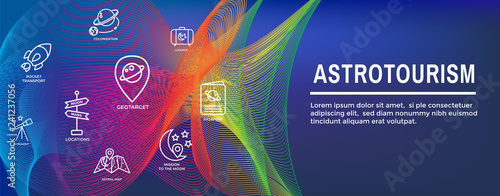 Astrotourism Space Travel or Tourism Web Header Banner with spaceship, telescope, and planets