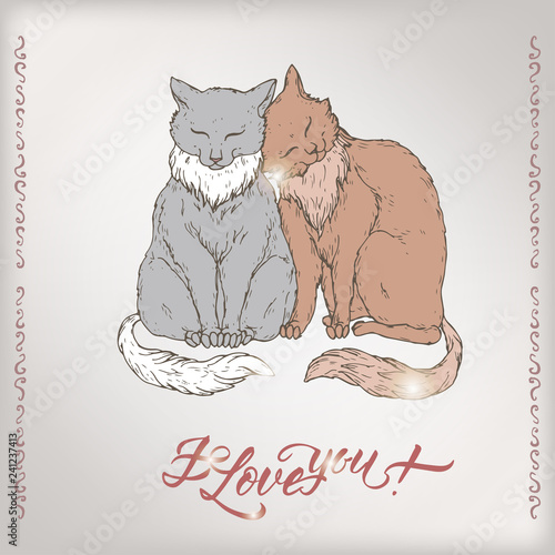 Valentine color romantic card with two cats and brush lettering saing I love you.