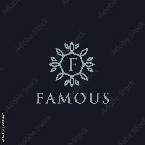 Premium linear shield monogram letter F logotype. Elegant crest leaf stamp icon vector logo. Luxury alphabet frame symbol. - Vector