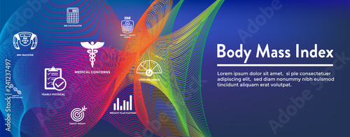 BMI or Body Mass Index Icons with scale, indicator, and calculator