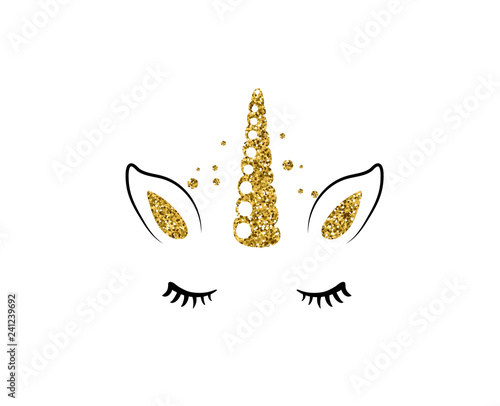 Unicorn cute vector illustration isolated on white background. Fashion girl patch with horse head, golden horn, ears and eyes