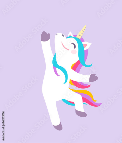 Cute dancing unicorn vector isolated on purple background. Cool patch illustration