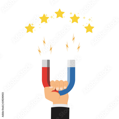 The concept of attracting desires. Human hand holding a magnet. Attracting success. Vector illustration.