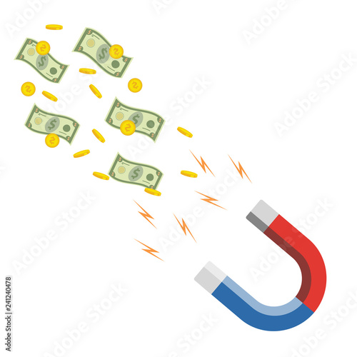  The concept of attracting desires. Human hand holding a magnet. Attracting money, investment, magnet attracting finance. Vector illustration.
