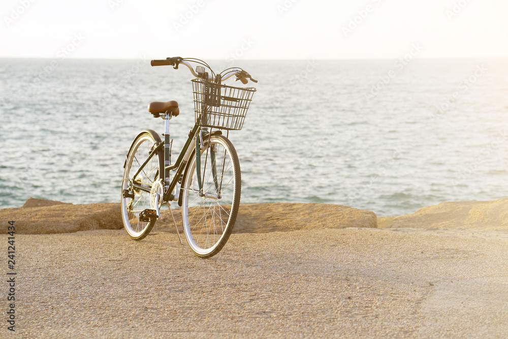 Obraz premium Bicycle parked on beach. Retro bike near the sea. Bike on the background of the sea horizon. Toning