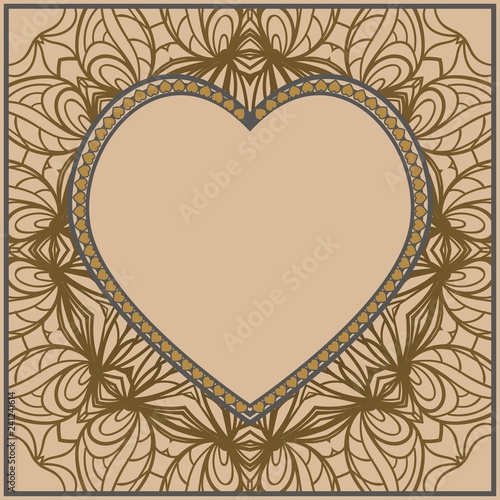 Vintage greeting card with heart and floral ornament. Template frame for greeting and wedding cards. Vector illustration