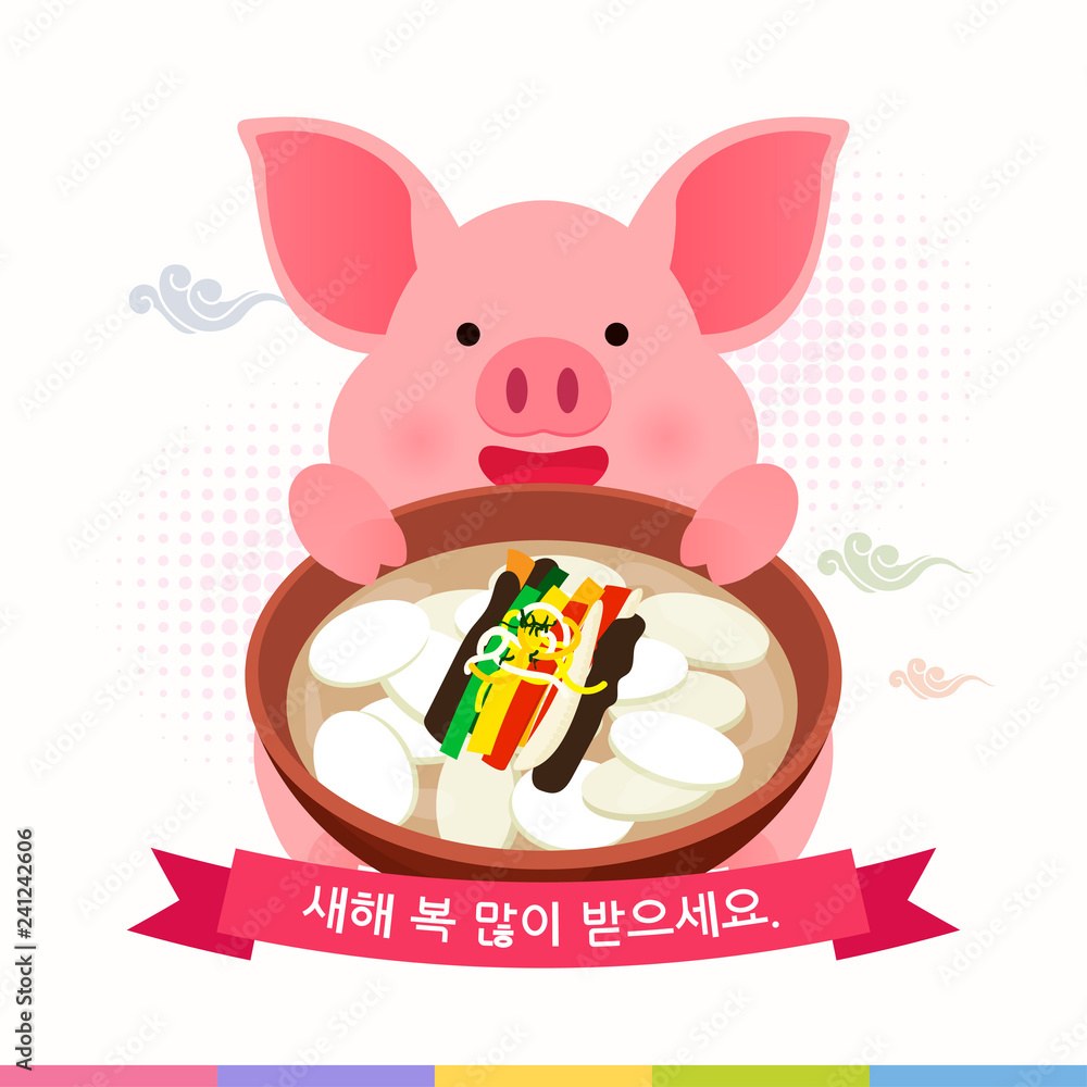 Obraz premium Seollal (Korean New Year) vector illustration. Cute pig holding Tteokguk(Rice cake soup). Korean Translation: 