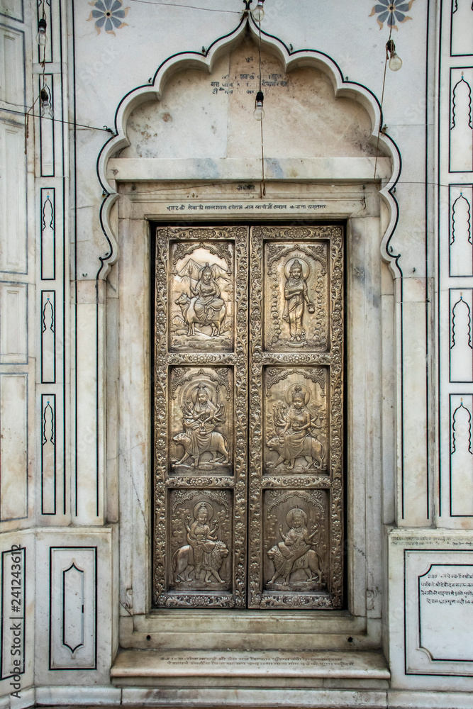 A closeup view of the silver door in Durgaina temple in Amritsar, punjab