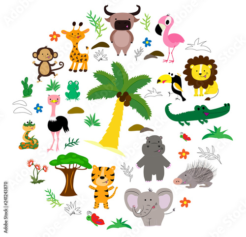 African animals roun set with trees and leaves. Vector illustration. Cartoon style. photo