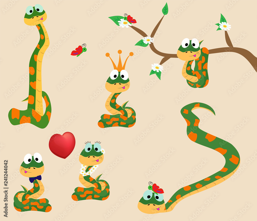 4 poses of cute nice snakes. Cartoon. Vector illustration. Stock Vector ...