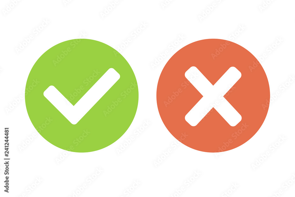 Check marks yes and no. Vector illustration round icons in a flat style isolated on white background. Check marks yes and no. Vector illustration round icons in a flat style isolated on white background.