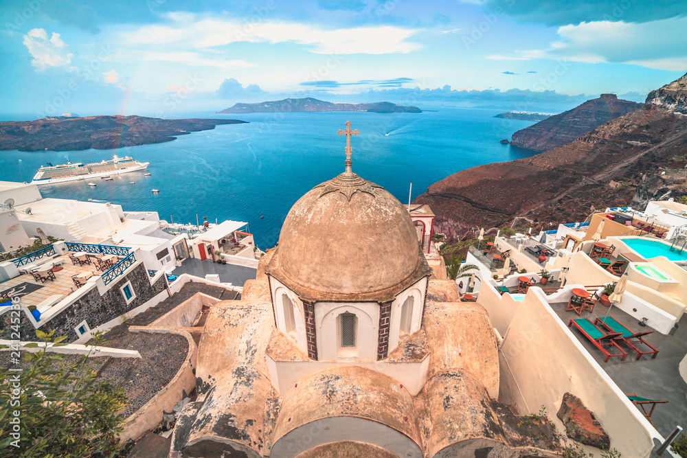 Wide travel photo of Orthodox church in Santorini, Greece