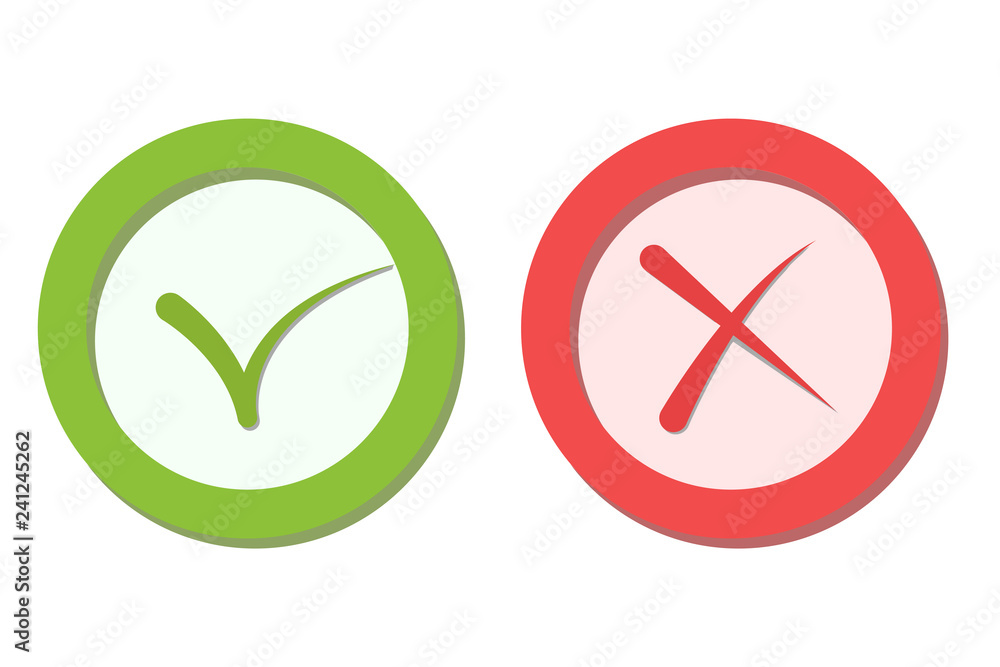 Check marks yes and no. Vector illustration round icons in a flat style isolated on white background. Check marks yes and no. Vector illustration round icons in a flat style isolated on white background.