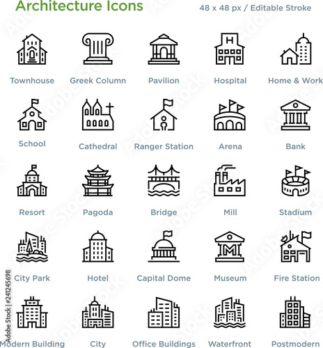 Architecture Icons - Outline styled icons, designed to 48 x 48 pixel grid. Editable stroke.