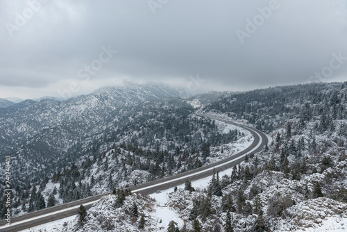 winter landscapes, roads and transportation in snowy mountains