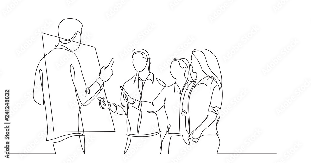 modern startup team members discussing near whiteboard - one line drawing