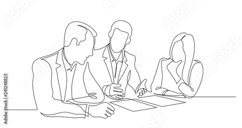 business partners discussing details of work contract - one line drawing