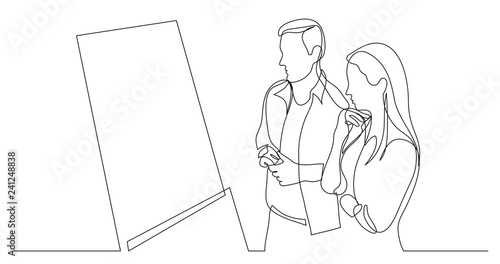 two modern employees thinking watching at whiteboard presentation - one line drawing