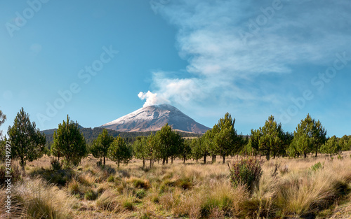 Cloud of smoke comes out of Popocatepetl volcano seen from the Izta-Popo Zoquiapan National Park photo