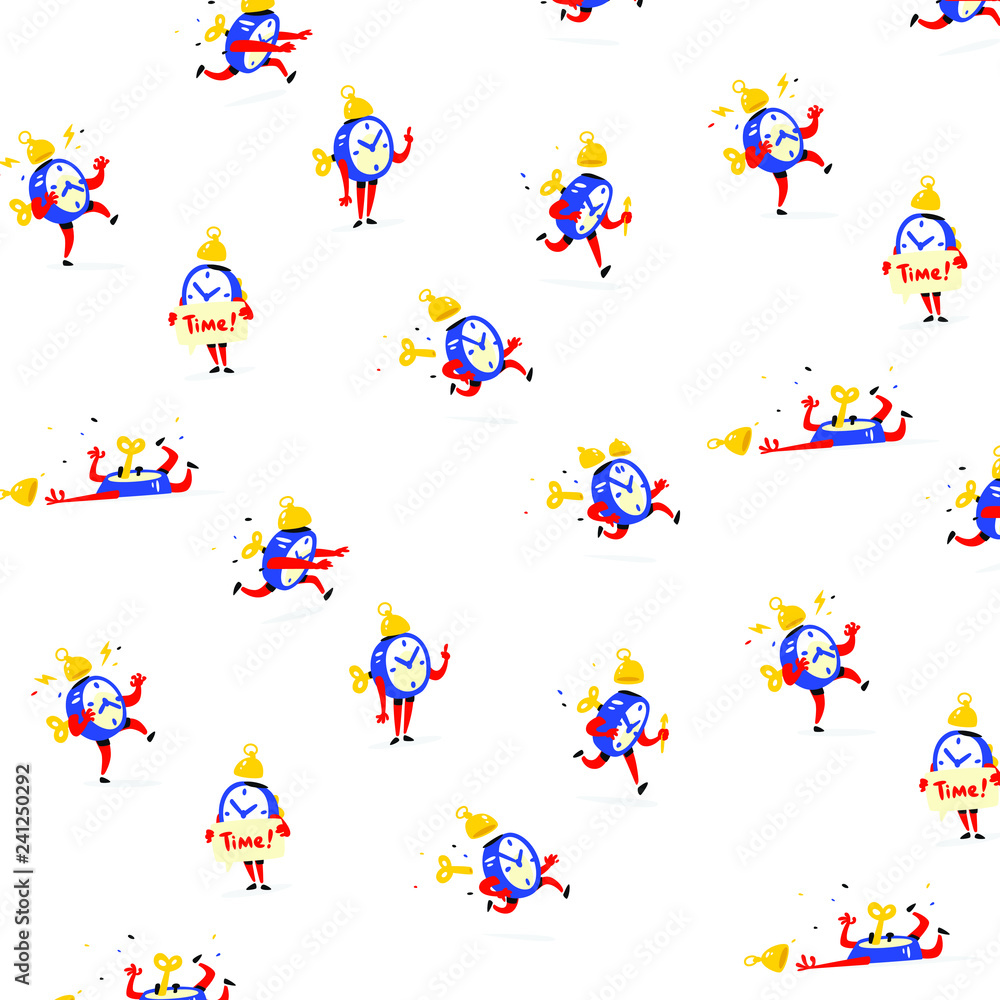 Pattern of blue alarm clocks in various poses and emotions. Vector. Illustrations from emotional hours. Time icons Flat style. Ornament for fabric and textiles. Mode of operation. Break for lunch. Pattern of blue alarm clocks in various poses and emotions. Vector. Illustrations from emotional hours. Time icons Flat style. Ornament for fabric and textiles. Mode of operation. Break for lunch.