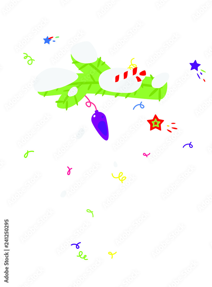 Illustration of fir branch, with snow and new year toys. Vector. Cartoon flat style. Decorative christmas element for design layouts. Illustration of fir branch, with snow and new year toys. Vector. Cartoon flat style. Decorative christmas element for design layouts.