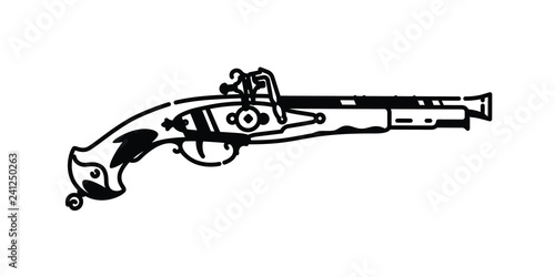 Illustration of a musket pistol. Vector. Black and white contour graphic drawing. Tattoo. Decorative vintage element for design.
