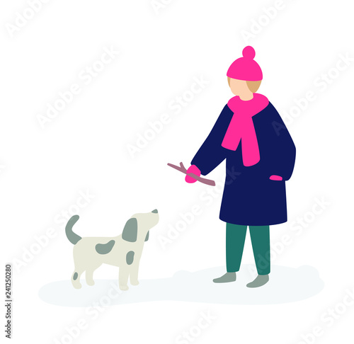 Illustration of a girl playing with a dog. Vector. Girl teenager in a coat asks for a gray dog. Two friends. Flat cartoon style. Rest with the best friend in nature. Winter walks.