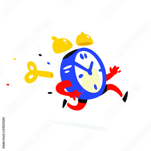 Cartoon character running alarm clock. Vector illustration. Time is up. The clock is running. Image is isolated on white background. Flat illustration for banner, print and website. Mascot company.