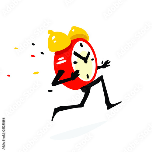 Cartoon character running alarm clock. Vector illustration. Time is up. The clock is running. Image is isolated on white background. Flat illustration for banner, print and website. Mascot company.