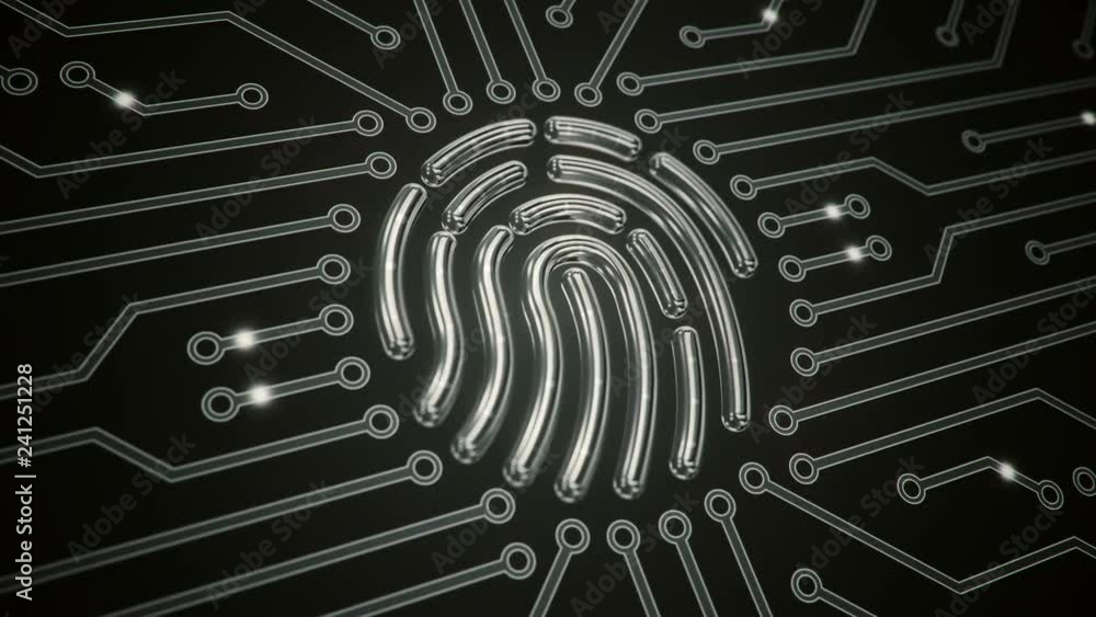 Abstract background with animation of symbol fingerprint from glass on backdrop of glowing circuit. Abstract background with animation of symbol fingerprint from glass on backdrop of glowing circuit.