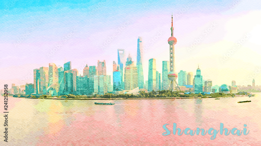 Obraz premium Digital art water color painting of widescreen panorama of the city skyline of Shanghai at sunset
