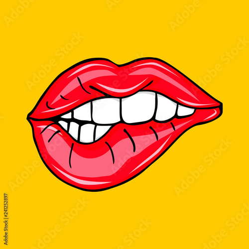 Sweet sexy pop art Pair of Glossy Vector Lips. Open Sexy wet red lips with teeth pop art , vector illustration on yellow background