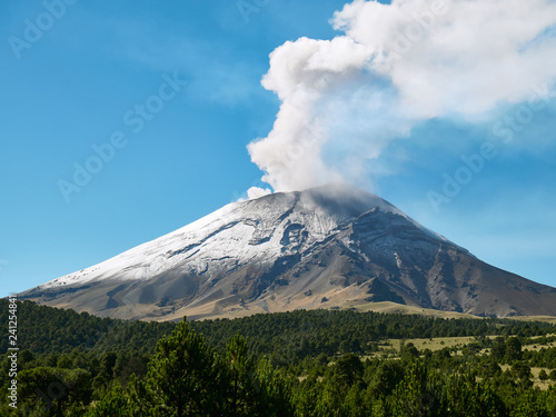 Fumarole comes out from the crater Popocatepetl volcano seen from Itza-Popo National Park, Mexico