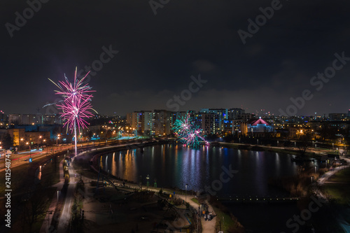 Fireworks in the New Year's night in Warsaw over the Lake Balaton