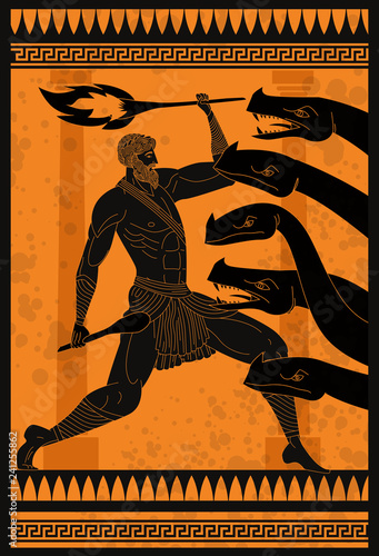 black and orange ceramic with hercules fighting the hydra