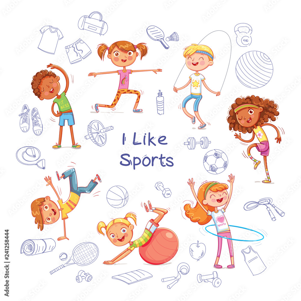 Children are engaged in different kinds of sports on the background of various sports equipment Children are engaged in different kinds of sports on the background of various sports equipment