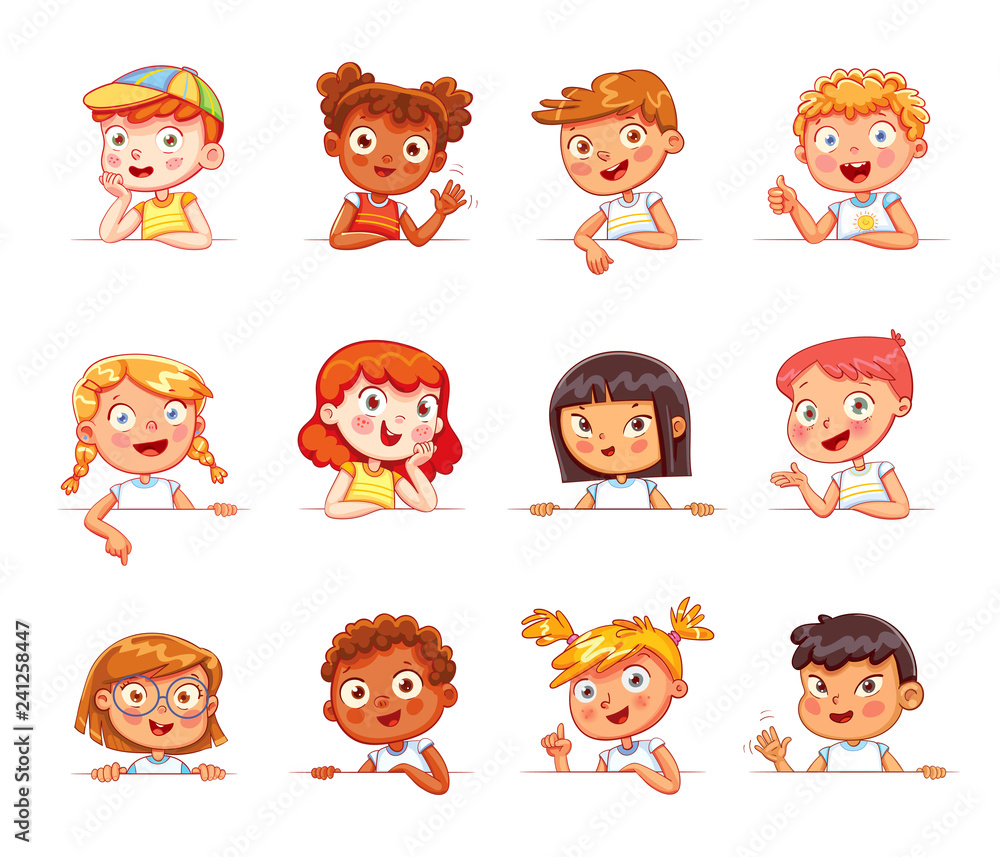 Children of different nationalities and various gestures holding empty white board Children of different nationalities and various gestures holding empty white board
