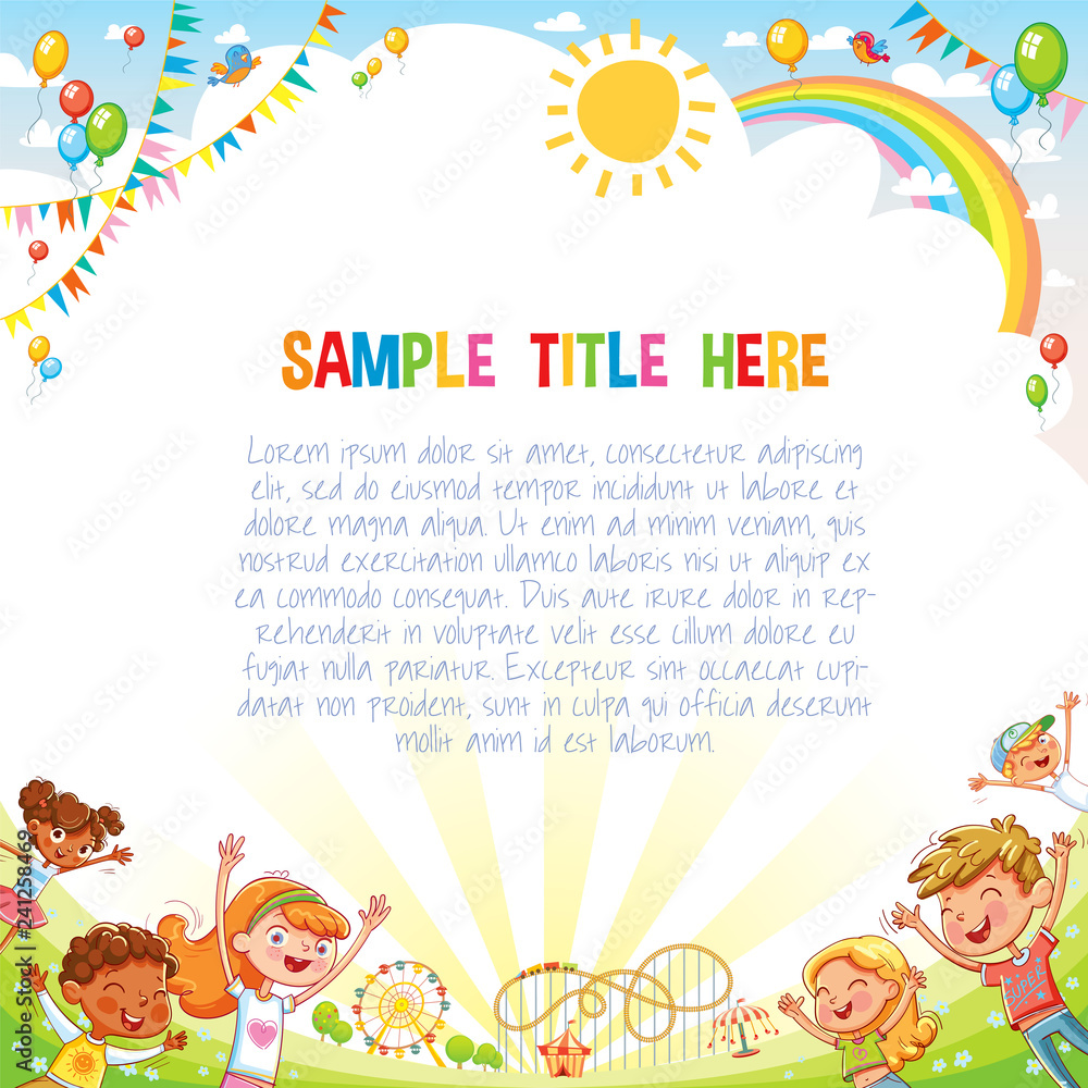Fototapeta premium Boys and girls are playing in the Amusement park. Playground. Template