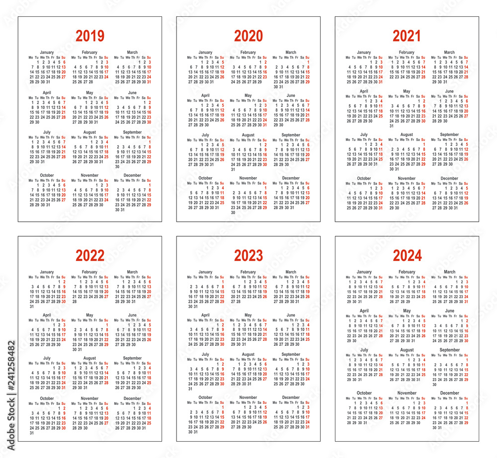 Календарь 2022 с праздниками распечатать Simple calendar for 2019, 2020, 2021, 2022, 2023 and 2024 years Векторный объект