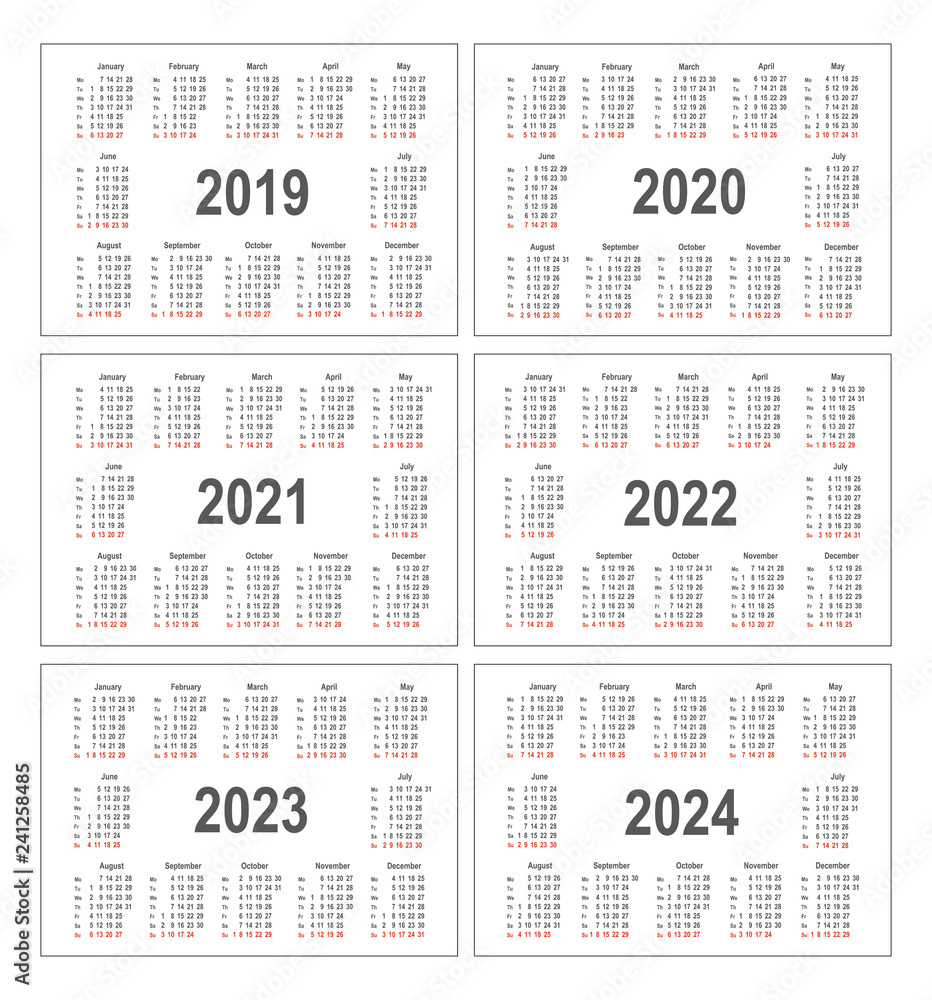 Simple calendar for 2019, 2020, 2021, 2022, 2023 and 2024 years Stock