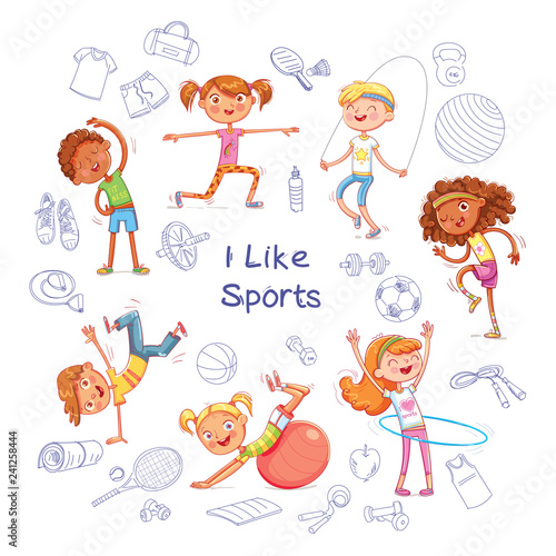 Children are engaged in different kinds of sports on the background of various sports equipment