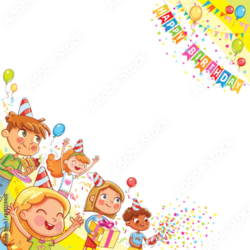 Kids celebrating Birthday with gift and cake in background of confetti falling and balloons