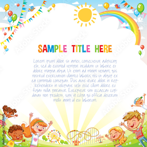 Boys and girls are playing in the Amusement park. Playground. Template