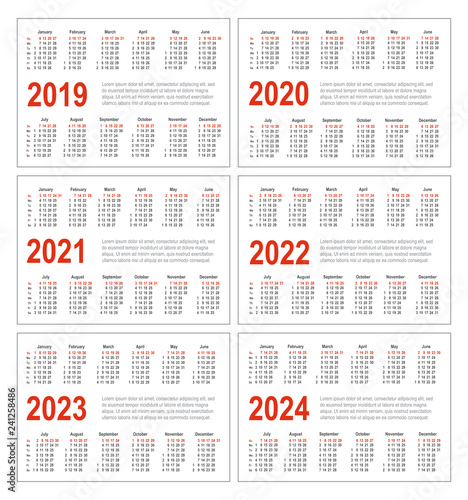 Simple horizontal calendar for 2019, 2020, 2021, 2022, 2023 and 2024 years